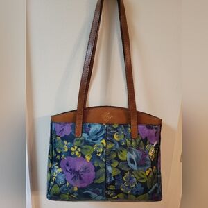 Floral Patterned Tote Bag with Brown Straps